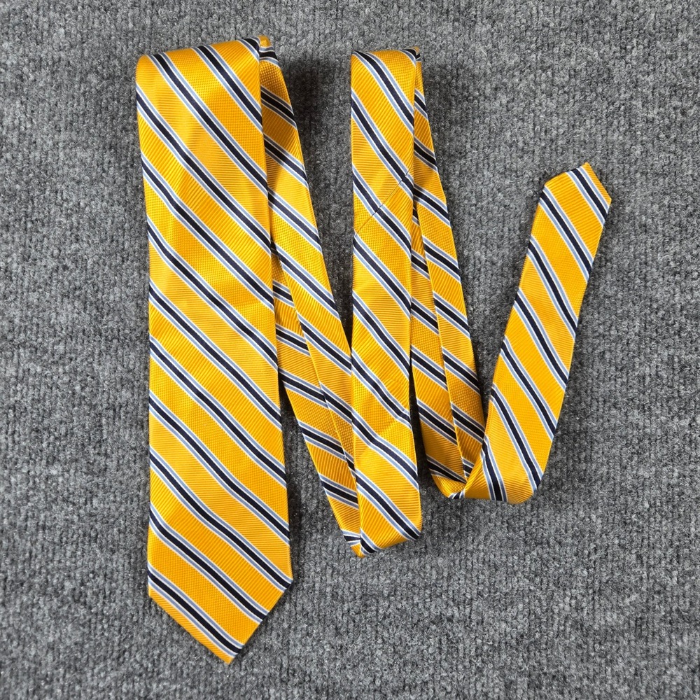 The Tie Bar Necktie Mens Yellow Navy Blue Striped 100% Silk Stain Resistant